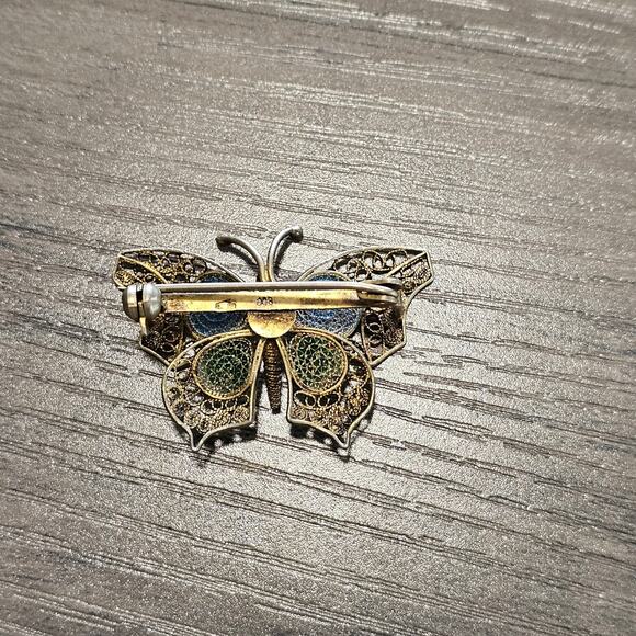 Vintage 800 Gold Filigree Painted Butterfly Brooch - Picture 2 of 8